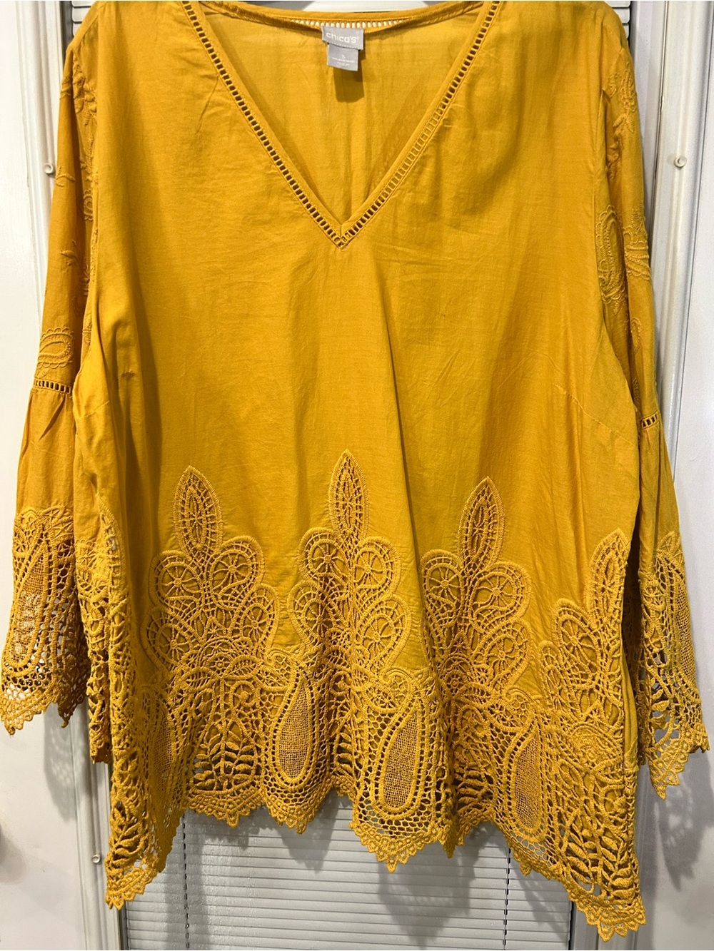 Chico’s mustard V neck blouse size 16-18